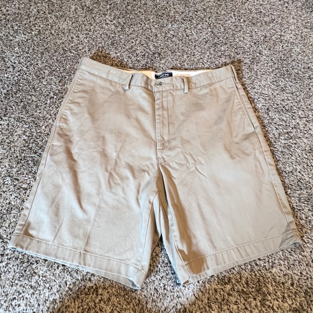 Lands End Men 35 Traditional Fit Khaki Chino Short Tan 100% Cotton 9 Inch Inseam